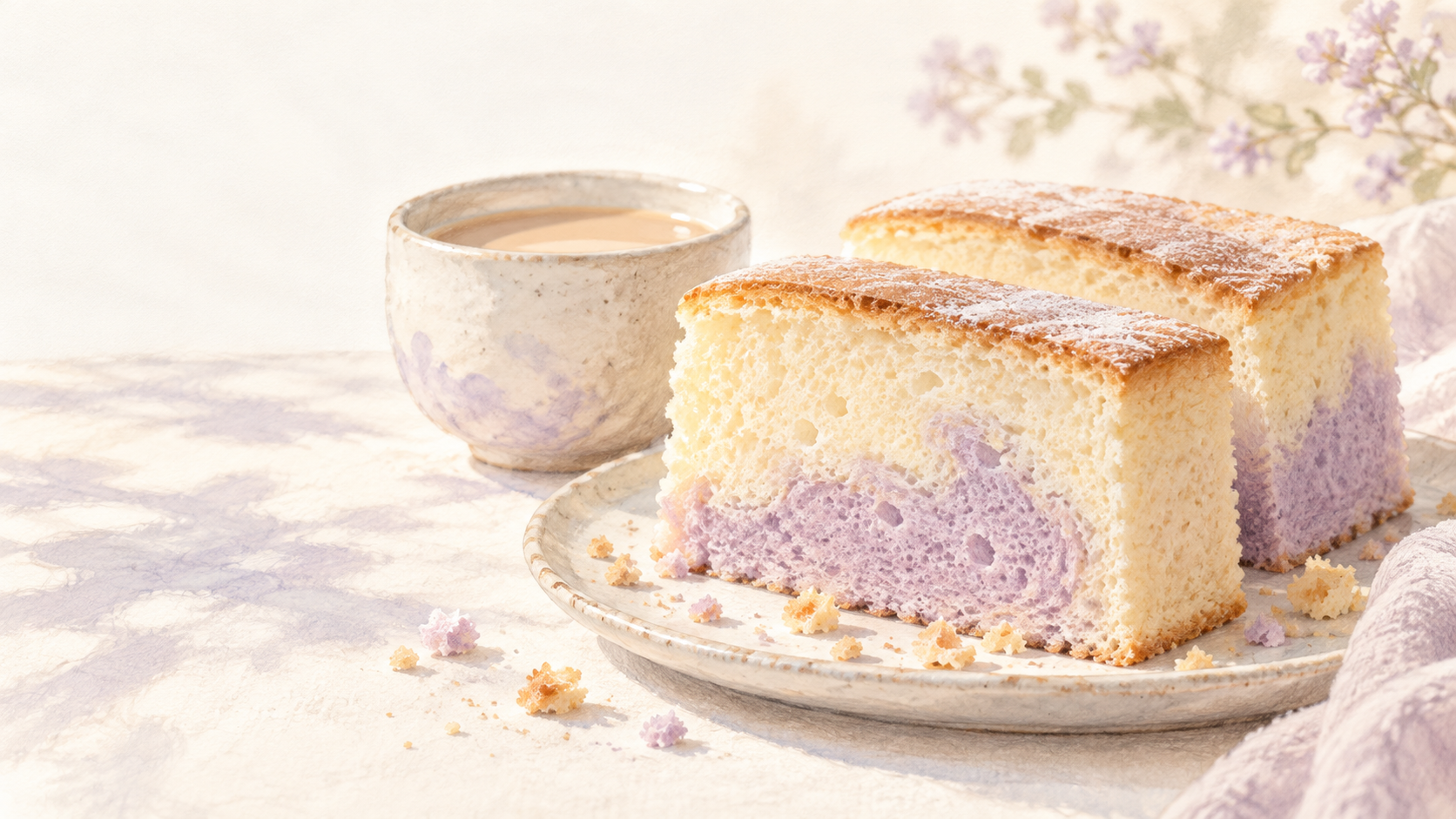 Illustration of cloud-soft sponge cake slices beside a small cup of milk tea
