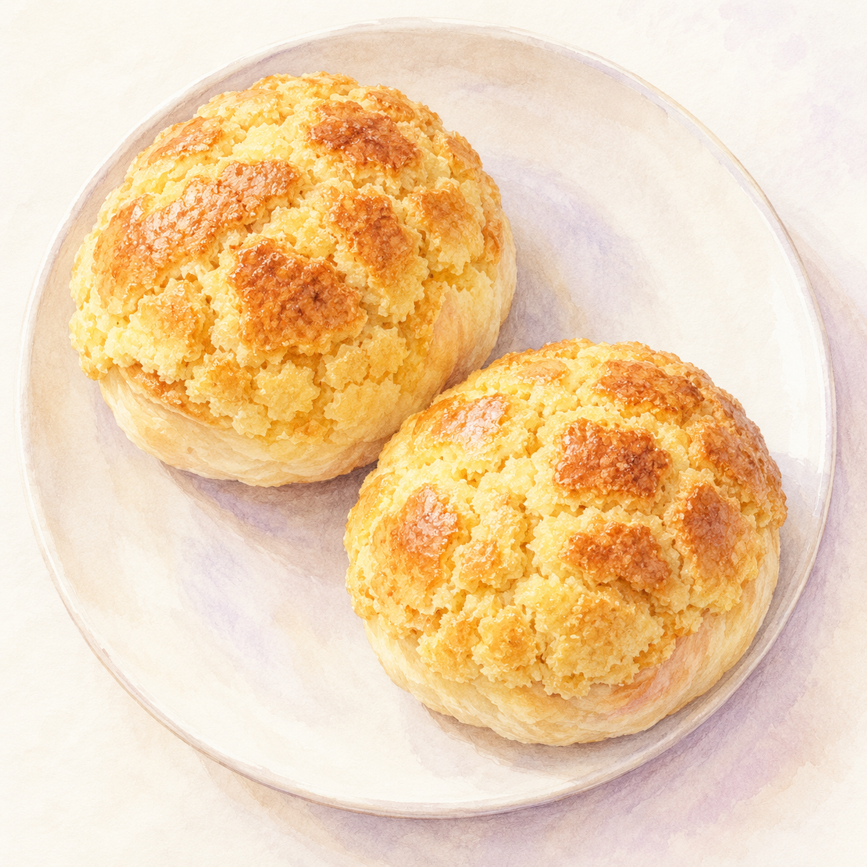 Illustration of two golden pineapple buns with crackled crust on a plain plate